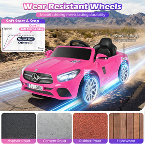 Pink toy car with Mercedes-Benz logo on a desert road, featuring wear-resistant wheels and soft start & stop technology.