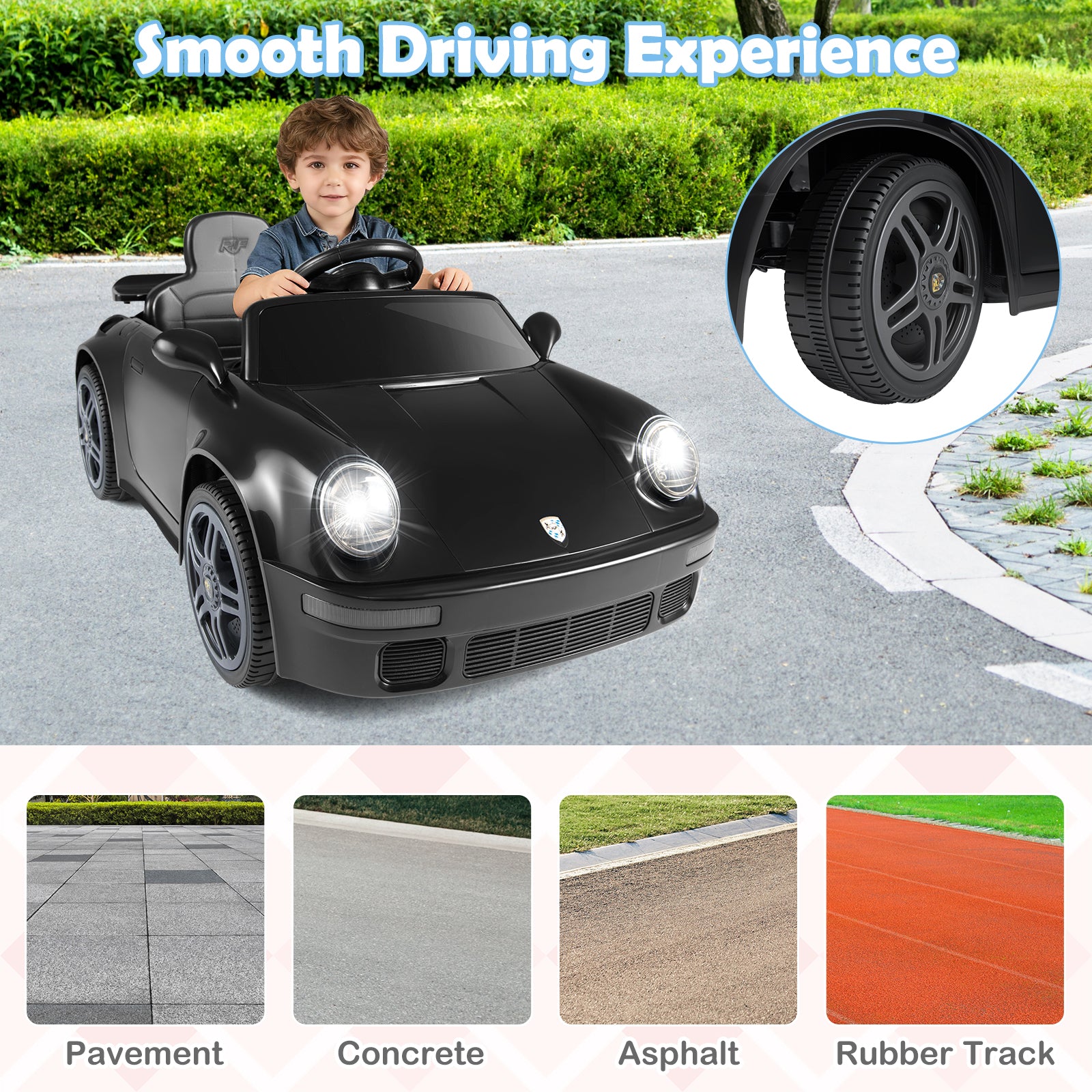 Child playing with a black toy car on pavement, with inset images of tire details and different road surfaces.