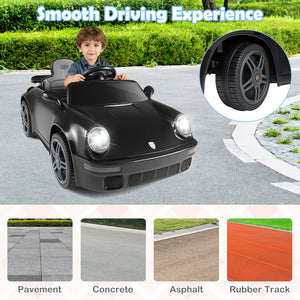 Child playing with a black toy car on pavement, with inset images of tire details and different road surfaces.