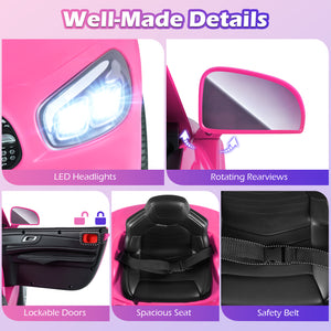 Collage of pink toy car features including LED headlights, rotating rearview mirrors, lockable doors, spacious seat, and safety belt on a purple background.