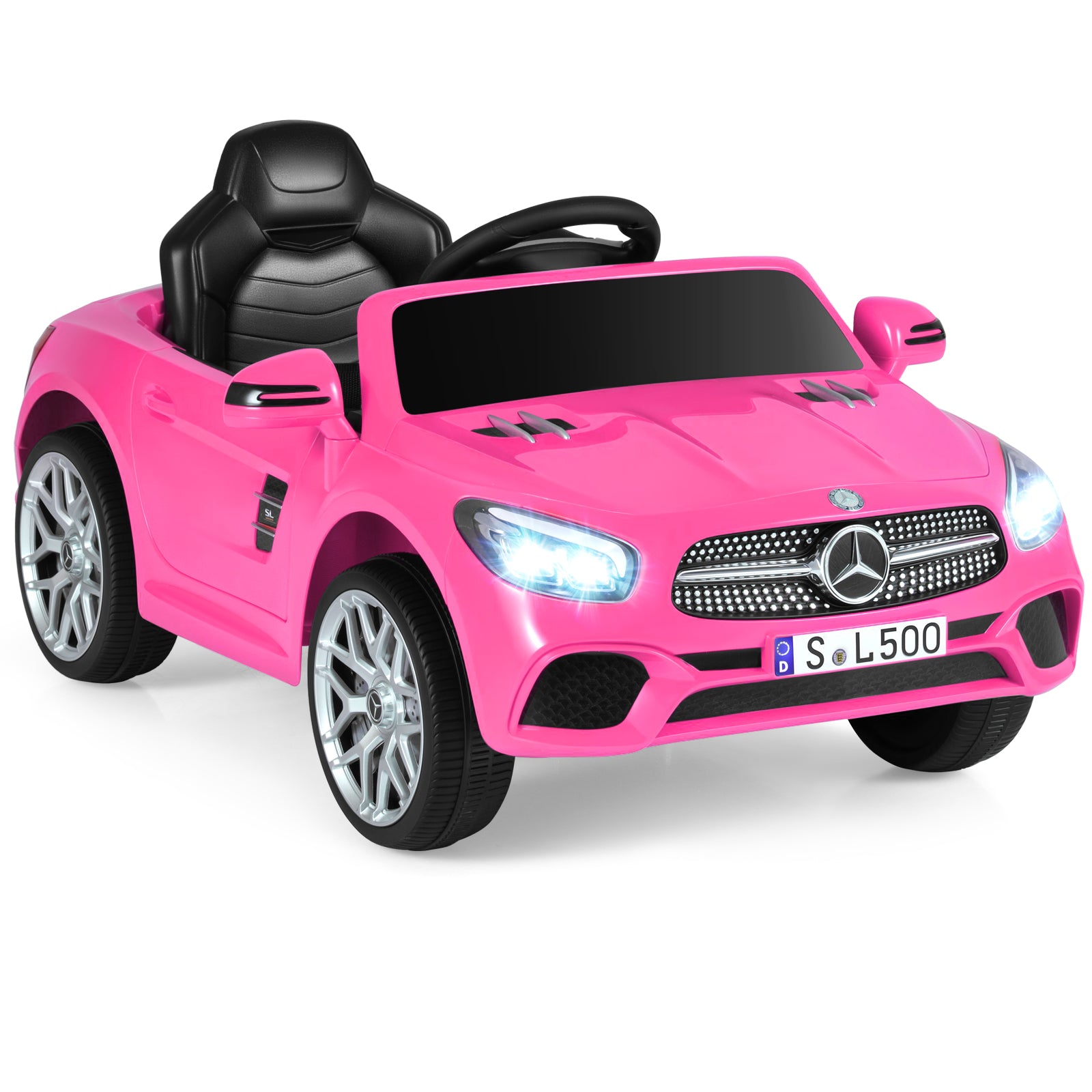Pink toy car with Mercedes-Benz logo on a white background