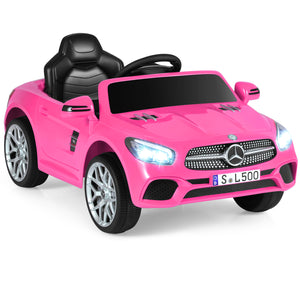 Pink toy car with Mercedes-Benz logo on a white background