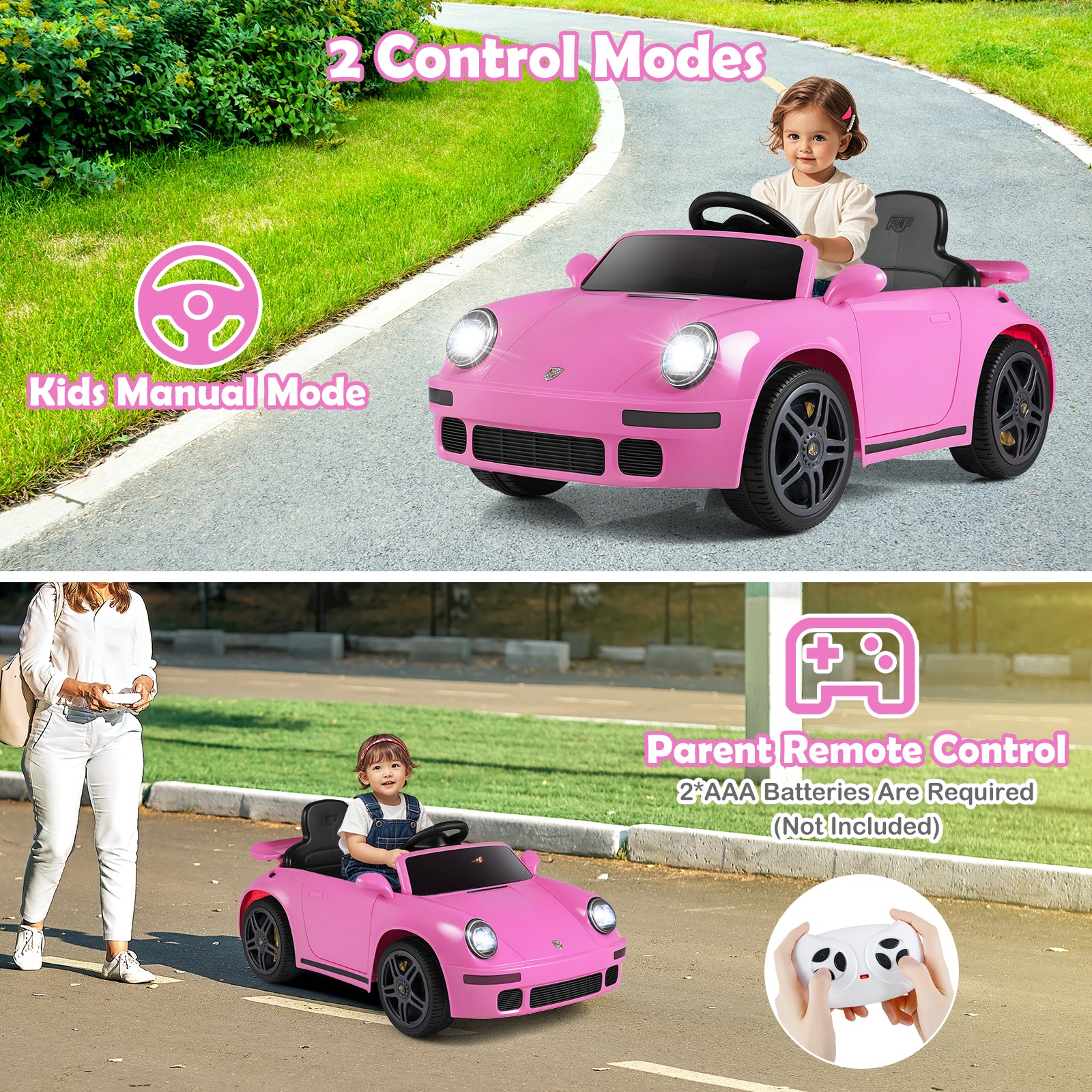 Pink toy car with two control modes: kids manual mode and parent remote control, on a road.
