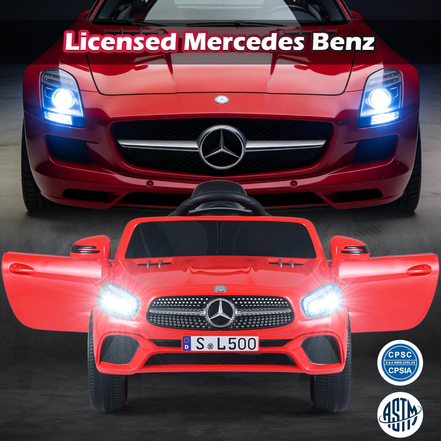 Red toy car with Mercedes-Benz logo and a licensed Mercedes-Benz text above it on a dark background.