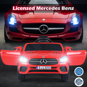 Red toy car with Mercedes-Benz logo and a licensed Mercedes-Benz text above it on a dark background.