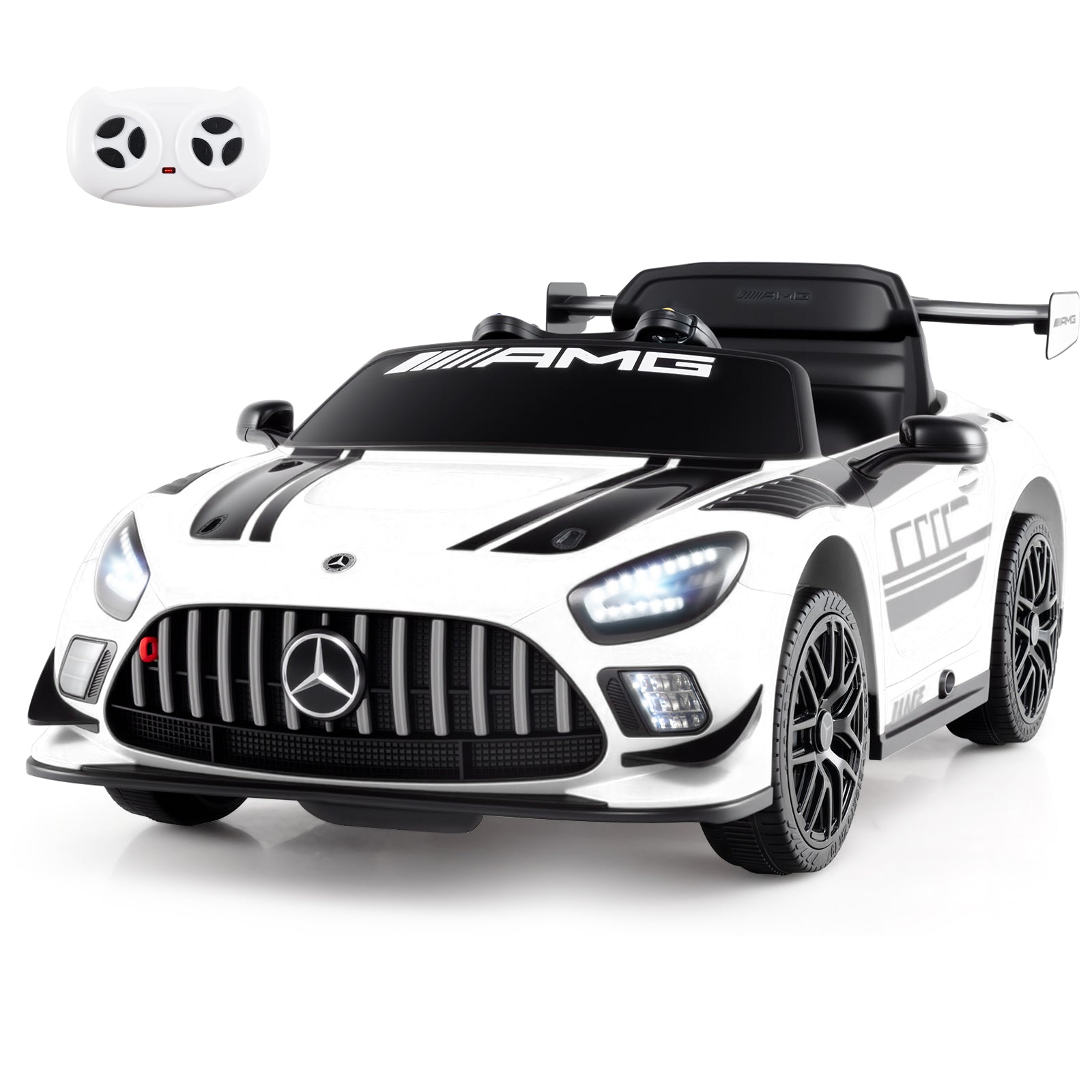 White toy car with Mercedes-Benz logo and AMG branding on a white background