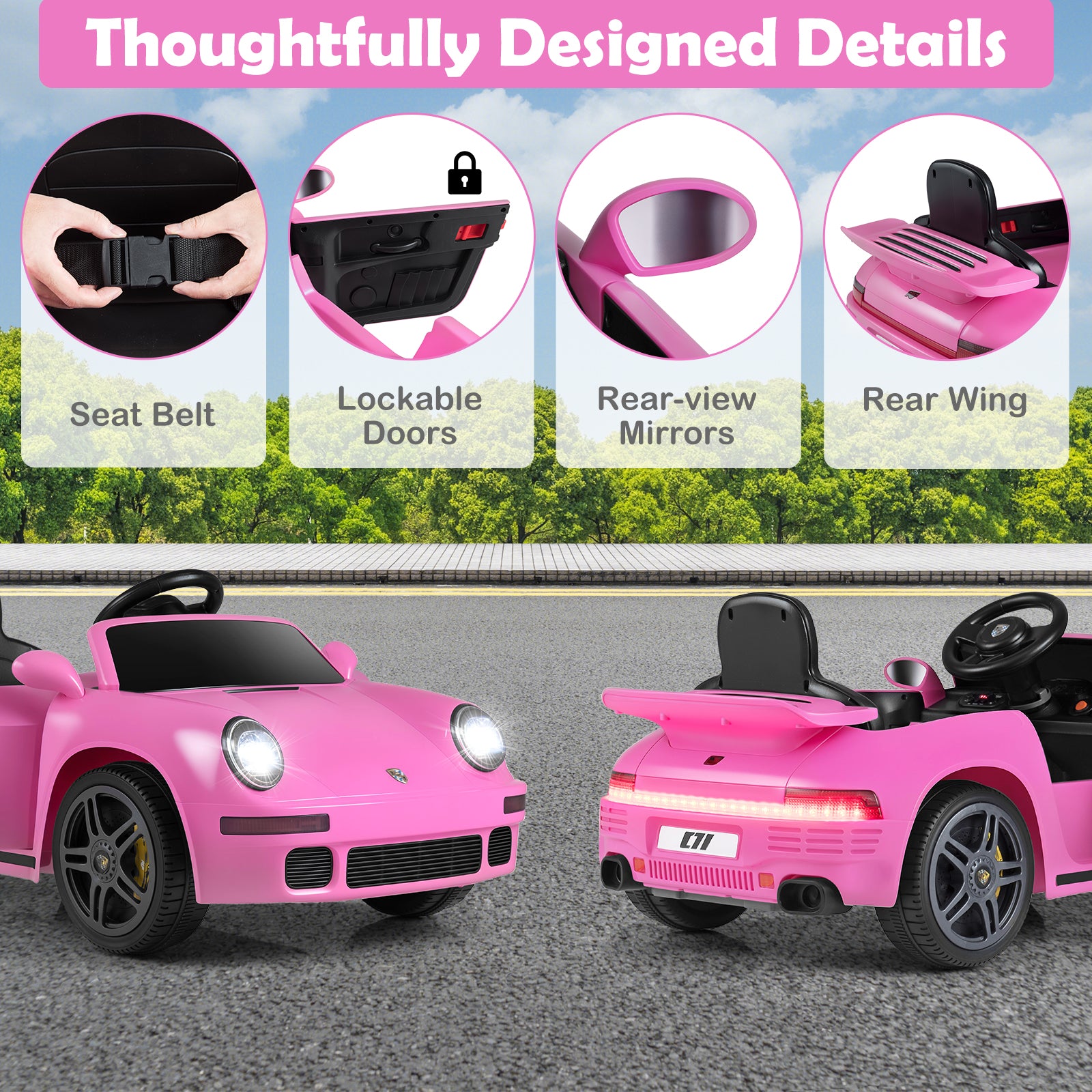 Pink toy cars with features like seat belt, lockable doors, rear-view mirrors, and rear wing highlighted.
