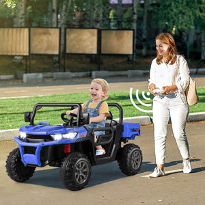 Child in a blue toy car being pushed by an adult on a sidewalk.