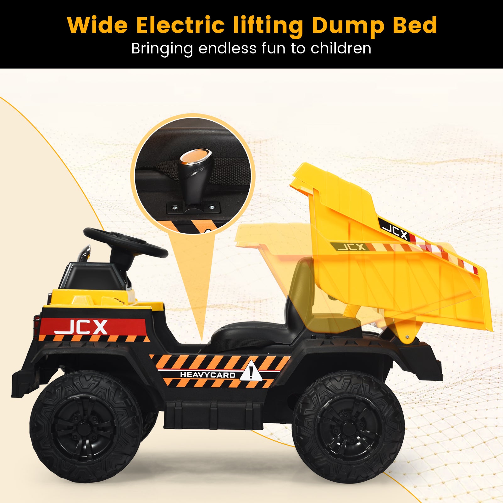 Toy dump truck with electric lifting bed on a light background