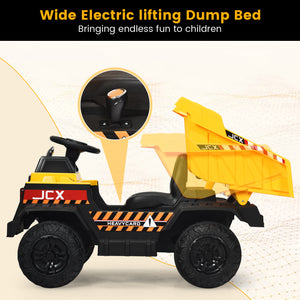 Toy dump truck with electric lifting bed on a light background