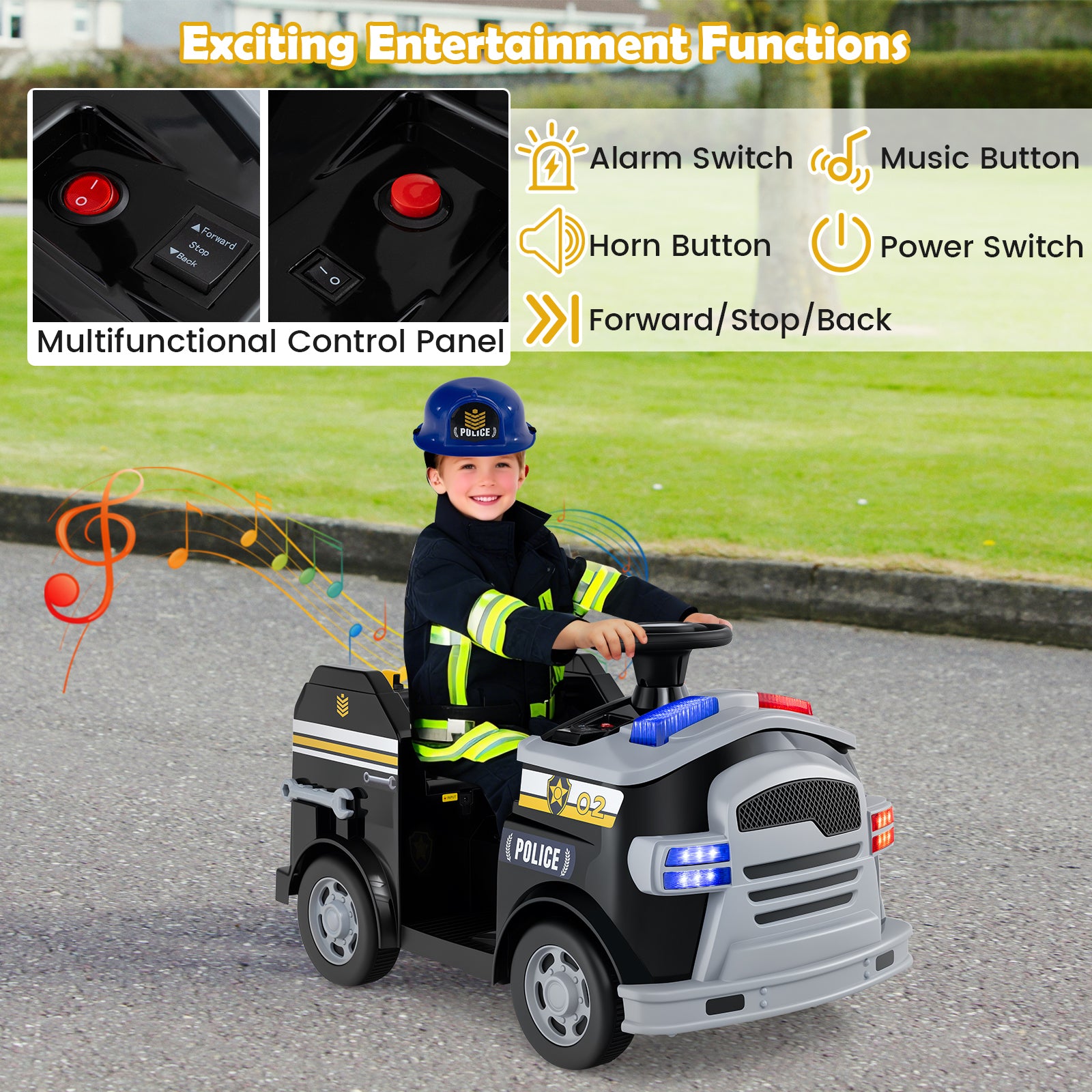 Child playing with a toy police car on a road, with control panel features displayed above.