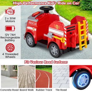 Red toy fire truck with features listed on a green outdoor background