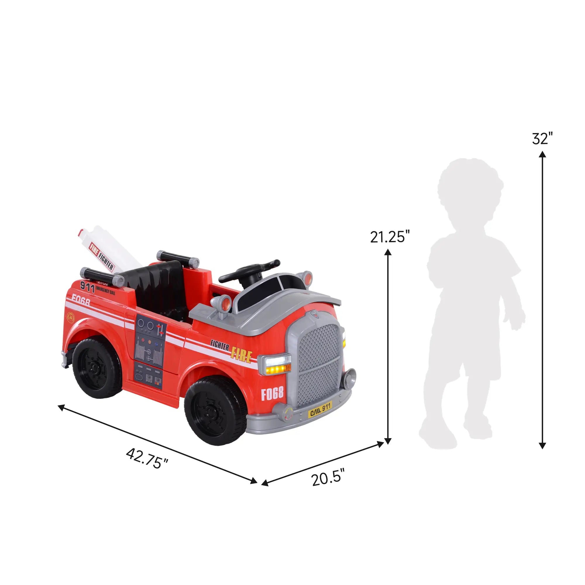 Electric ride-on fire truck featuring lift ladder and working lights