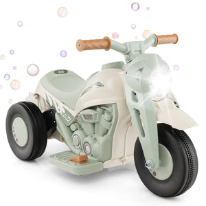 Children's toy motorcycle with a light green and beige design on a white background