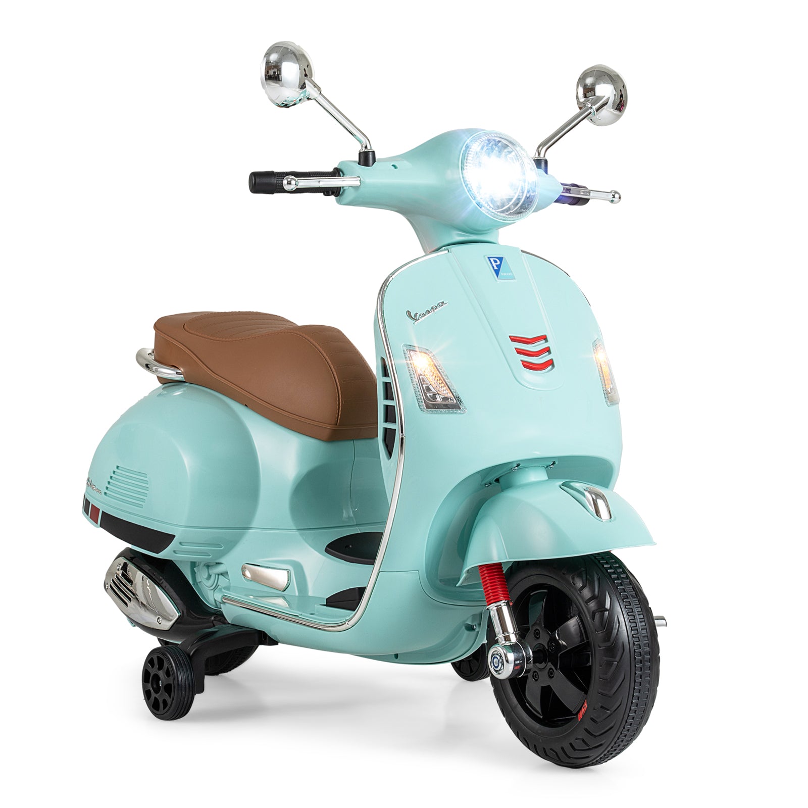 Light blue toy scooter with brown seat on a white background