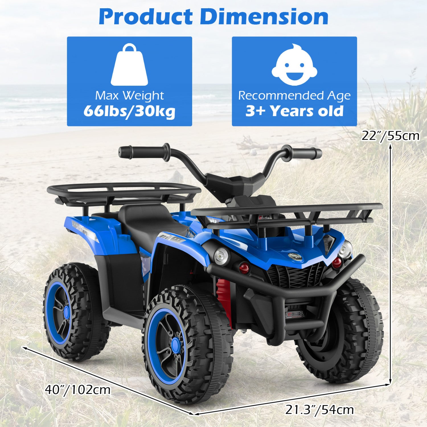 Blue and black toy ATV with product dimensions and weight capacity displayed.