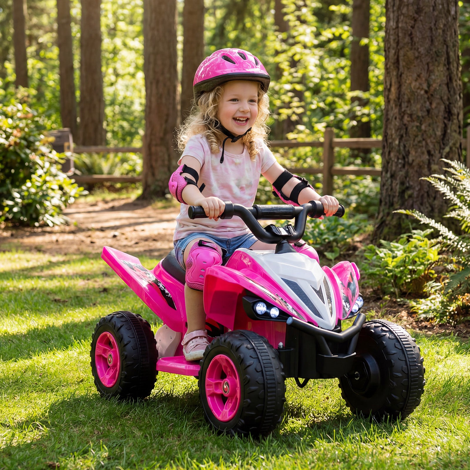 Child riding a pink toy car in a forest setting