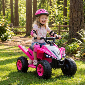 Child riding a pink toy car in a forest setting