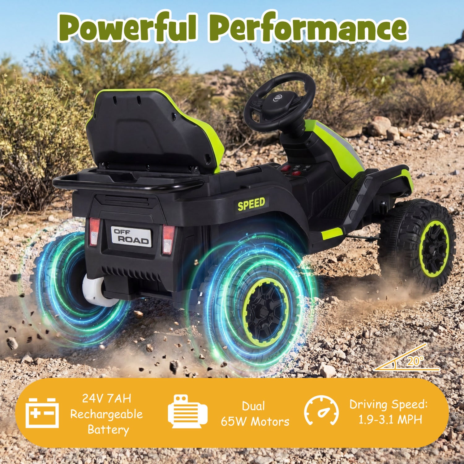 Toy off-road vehicle with glowing wheels on a desert background, featuring text about powerful performance and specifications.