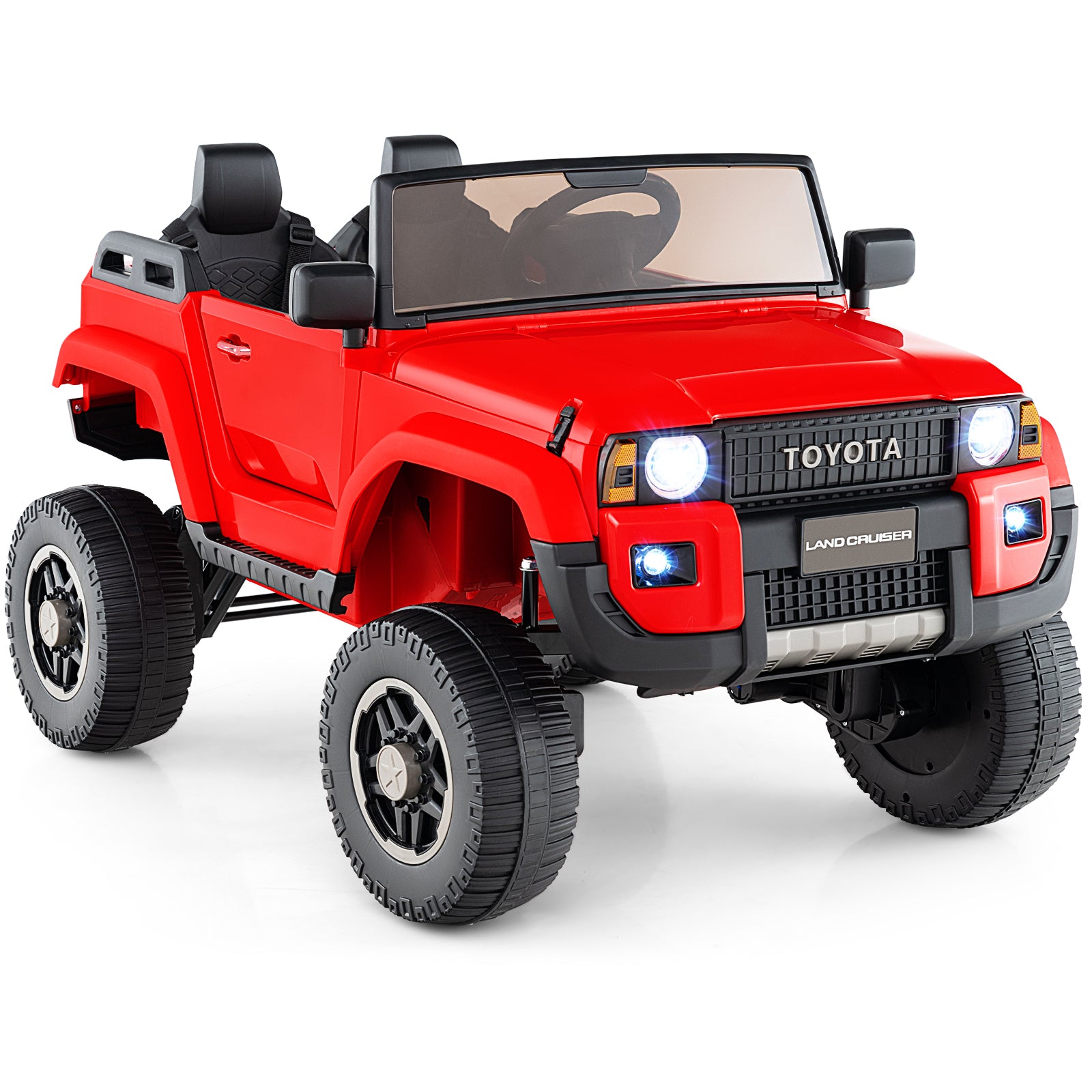 Red toy Toyota Land Cruiser on a white background
