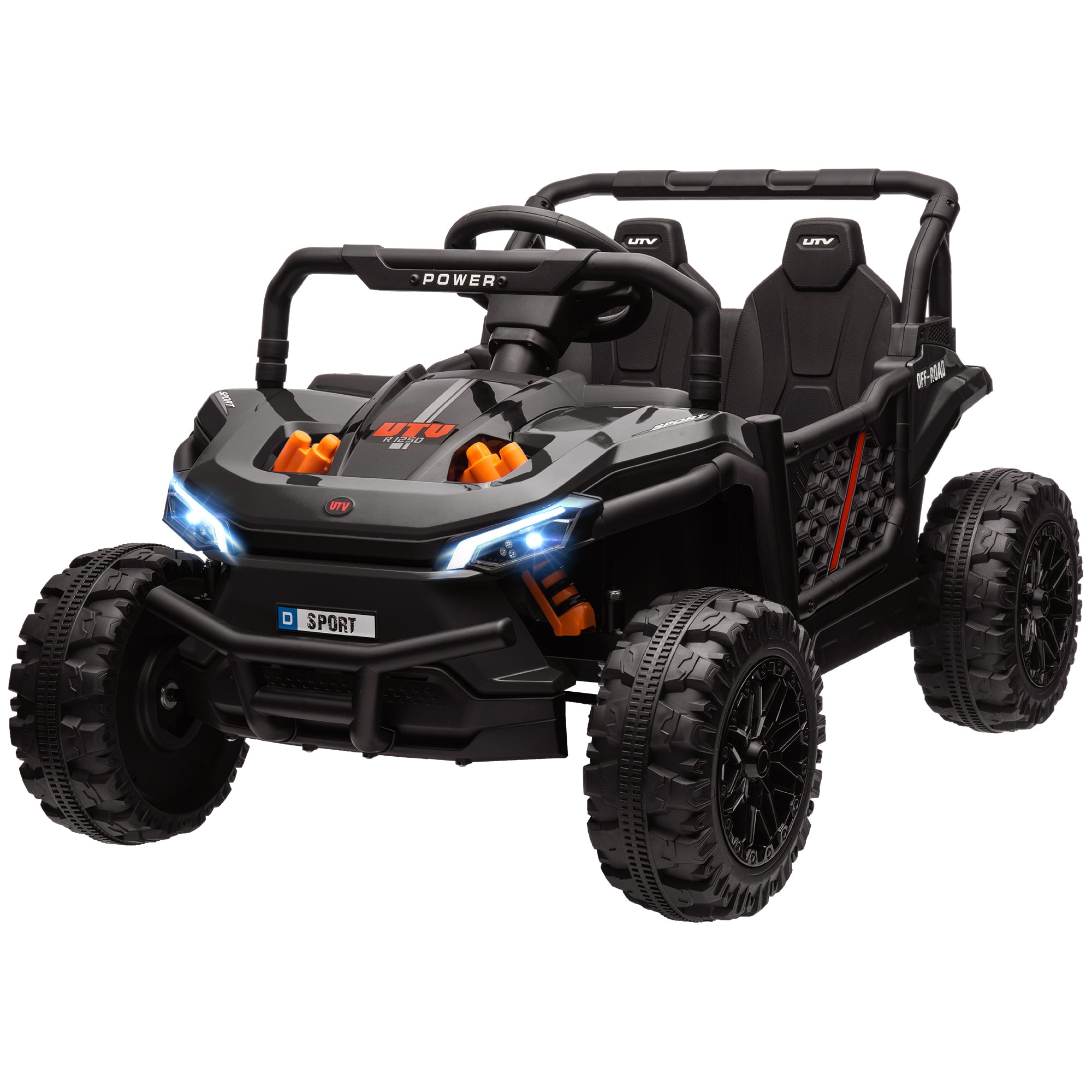 Black off-road toy vehicle with large wheels on a white background