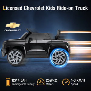 Licensed Chevrolet kids ride-on truck with glowing wheels on a dark background