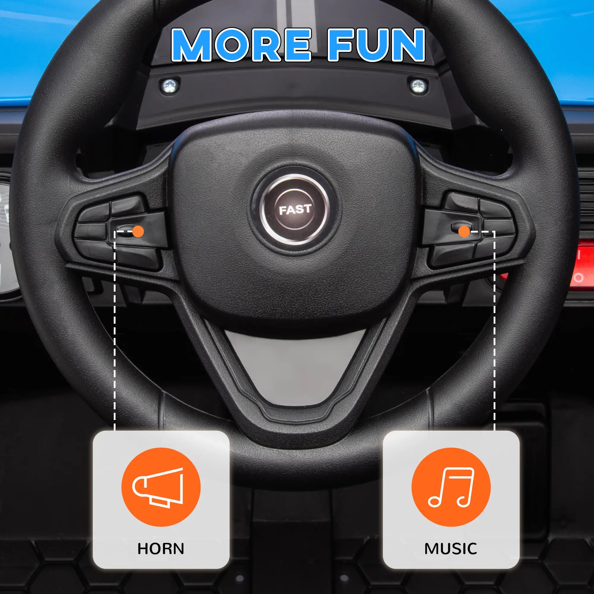 Car steering wheel with 'Horn' and 'Music' buttons labeled, and text 'More Fun' above.
