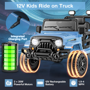 12V kids ride-on truck with charging port, battery, and specifications on a blue background