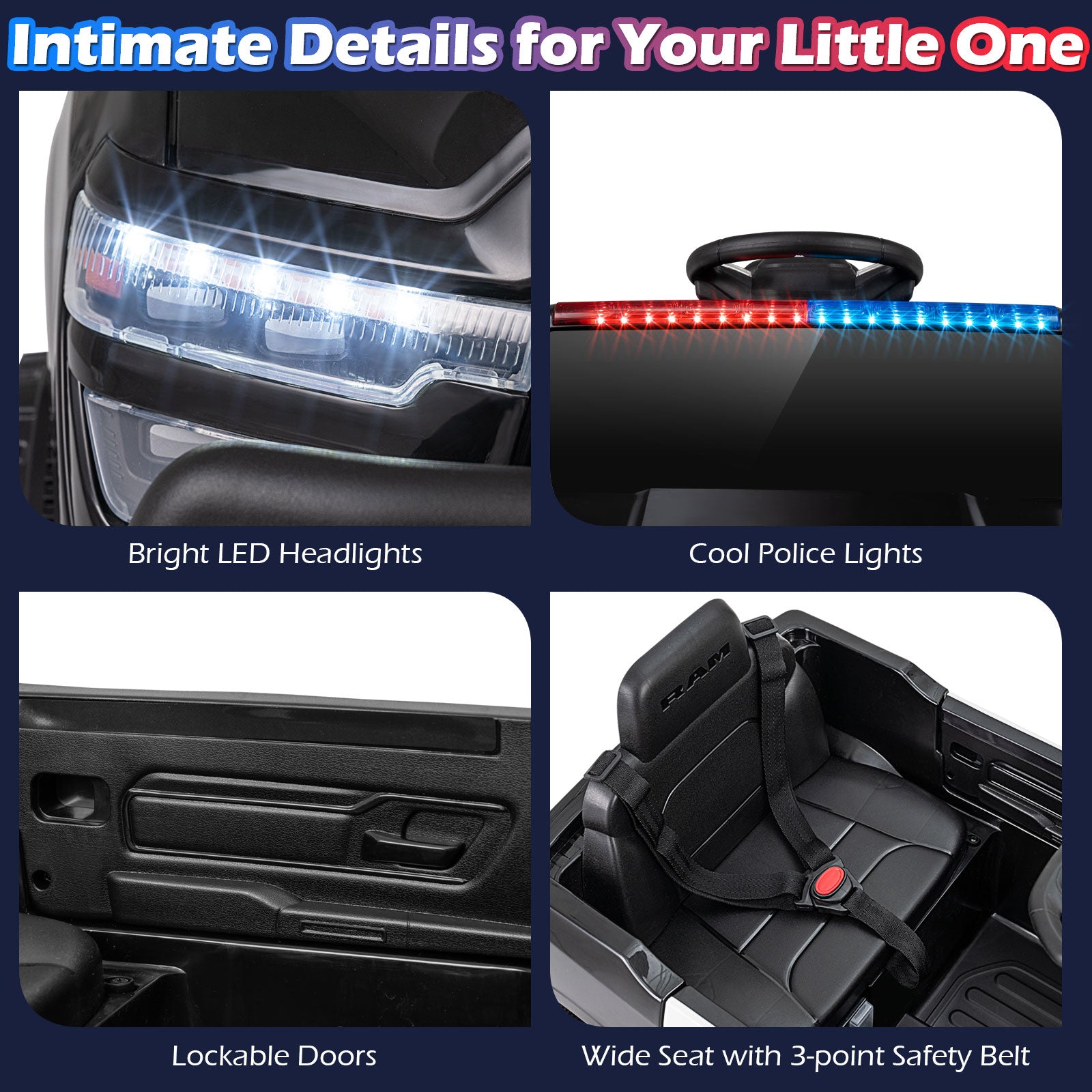 Collage of car features including headlights, police lights, lockable doors, and a wide seat with safety belt.