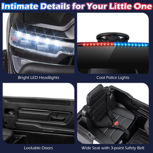 Collage of car features including headlights, police lights, lockable doors, and a wide seat with safety belt.