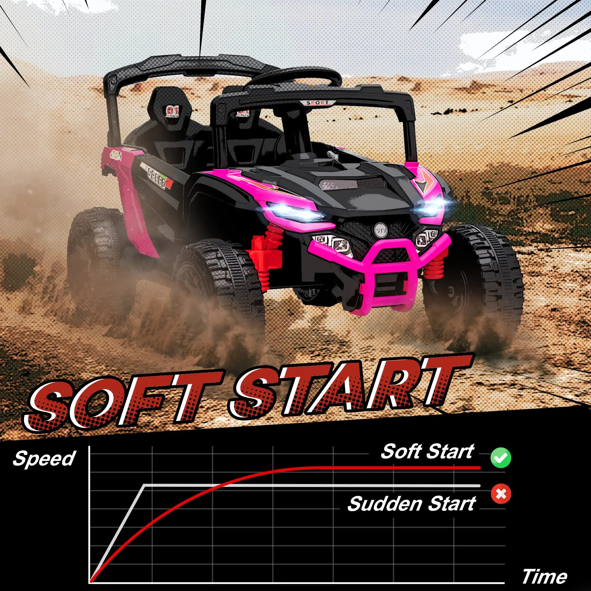 Pink and black off-road vehicle in a desert setting with 'Soft Start' text and graph.