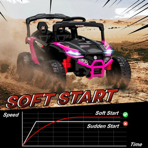 Pink and black off-road vehicle in a desert setting with 'Soft Start' text and graph.