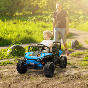 Child in a blue toy off-road vehicle with a man walking behind in a natural setting