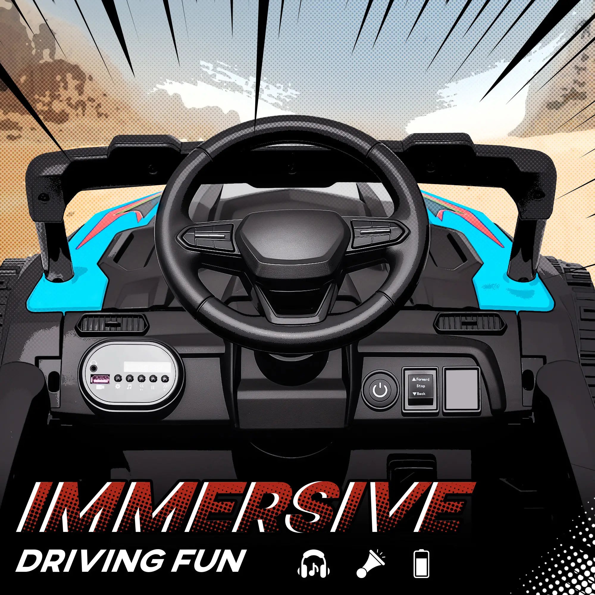 Steering wheel and dashboard of a vehicle with 'Immersive Driving Fun' text and icons.