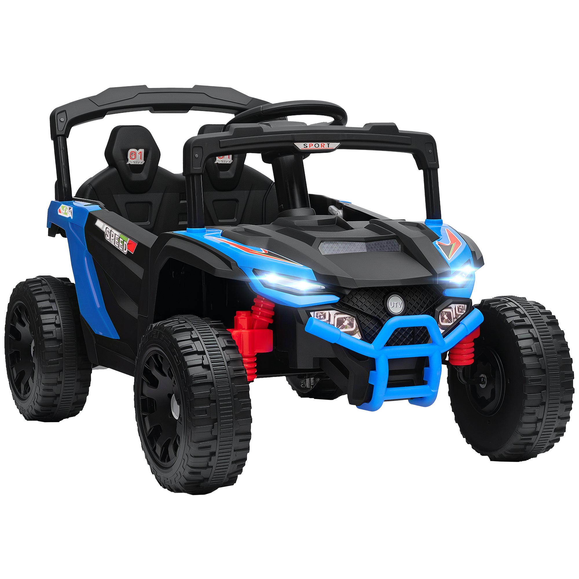 Toy off-road vehicle with blue and black design on a white background