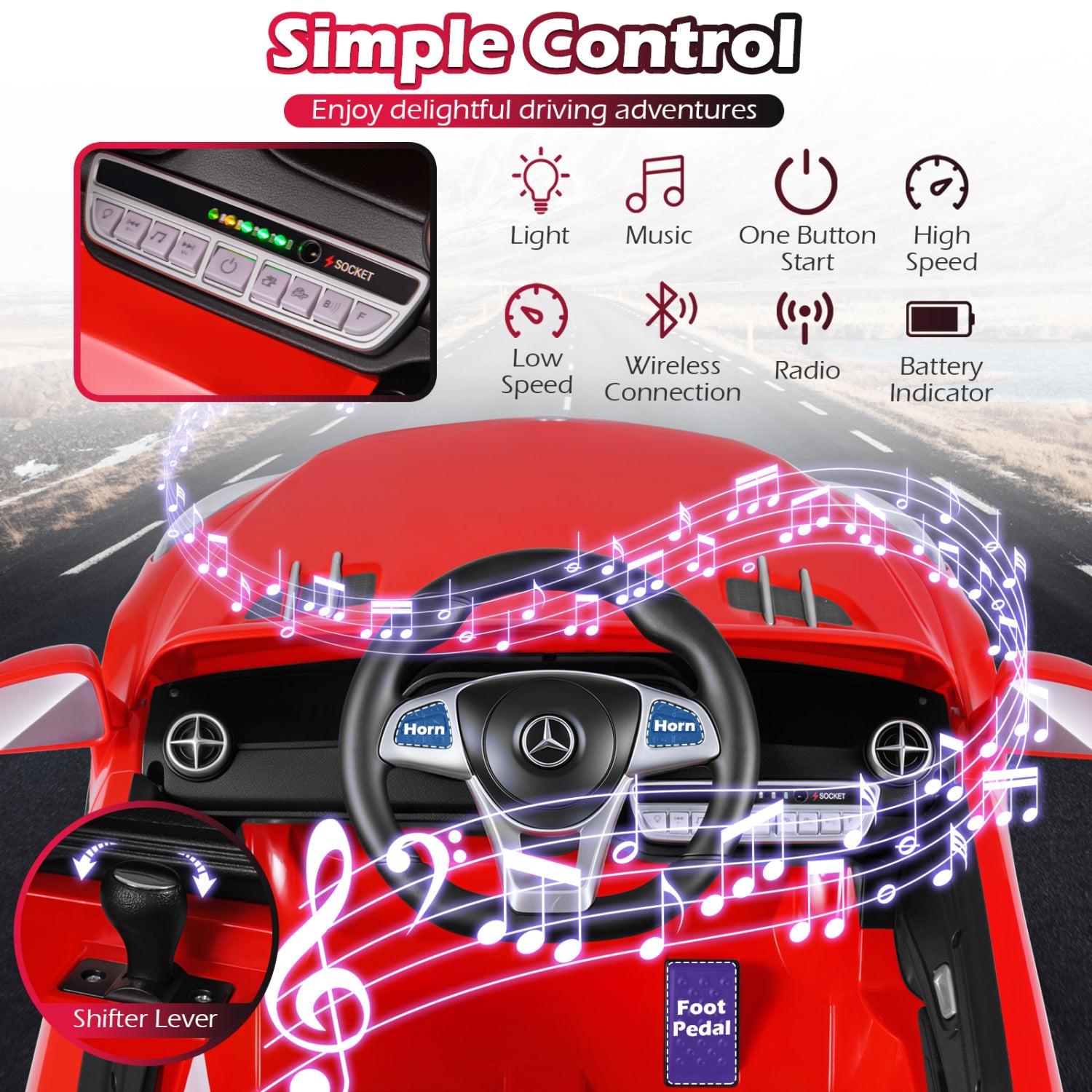Red toy car with Mercedes-Benz logo, control panel, and music notes on a road background.