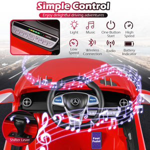 Red toy car with Mercedes-Benz logo, control panel, and music notes on a road background.
