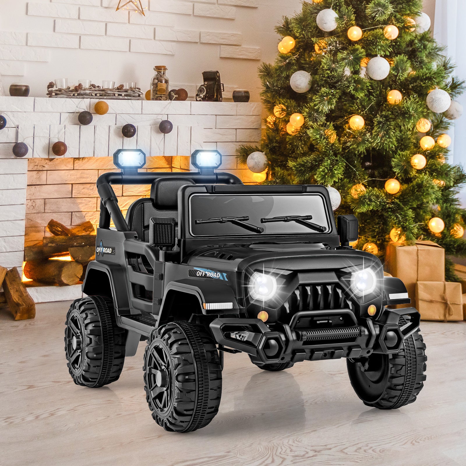 Toy jeep with lights in a room decorated for Christmas.