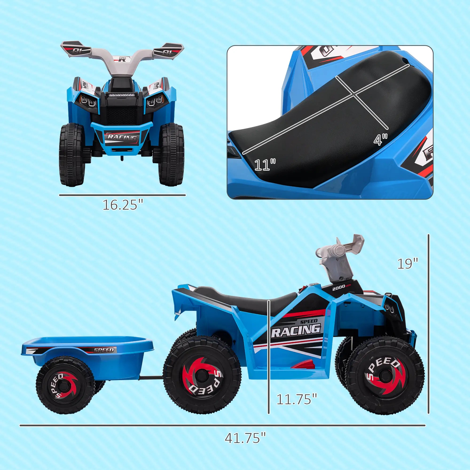 Blue toy truck with measurements on a light blue background