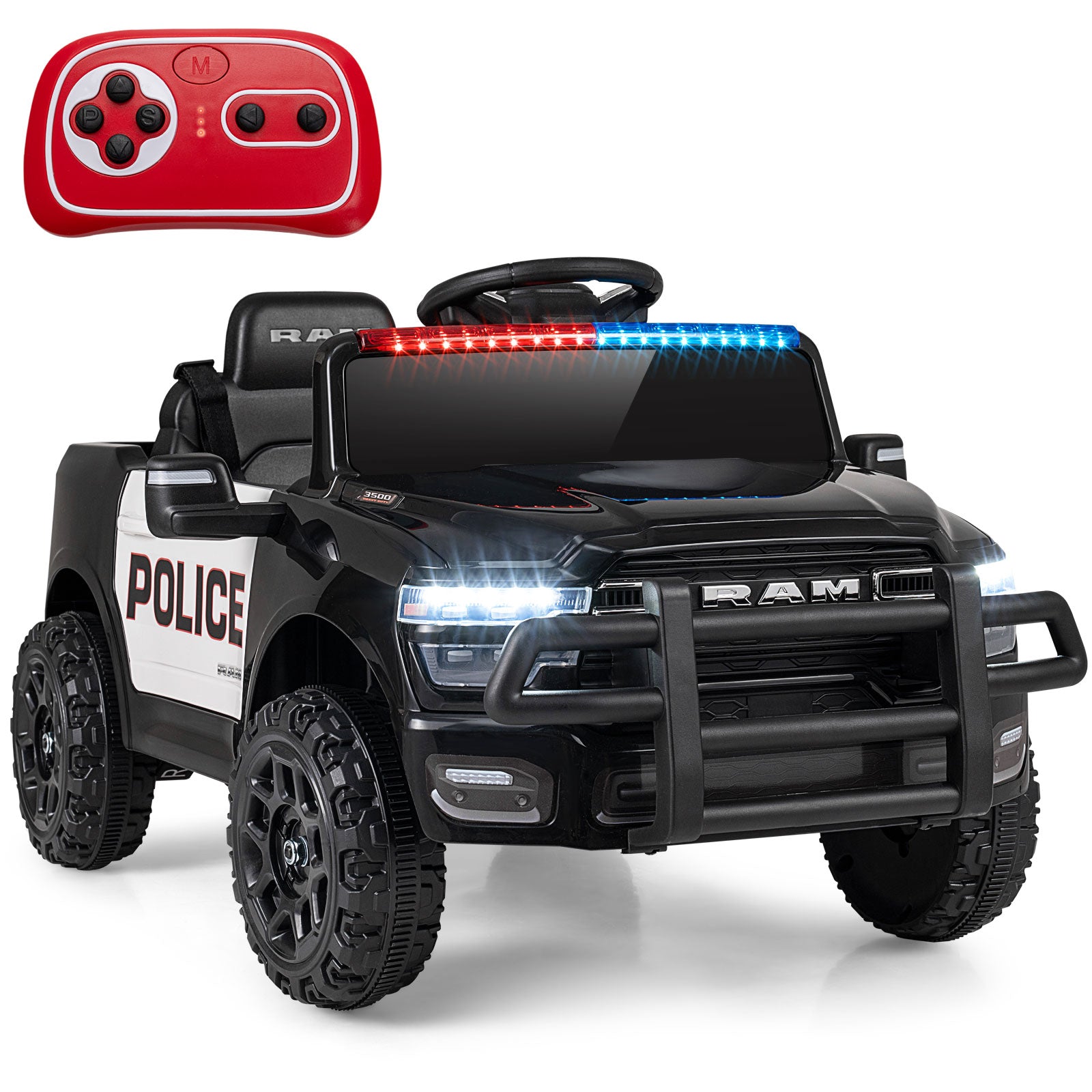 Children's toy police car with remote control on a white background