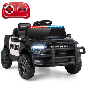 Children's toy police car with remote control on a white background
