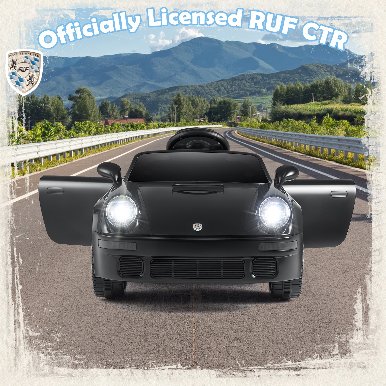 Black sports car on a road with mountains in the background, featuring 'Officially Licensed RUF CTR' text.