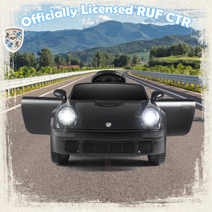 Black sports car on a road with mountains in the background, featuring 'Officially Licensed RUF CTR' text.