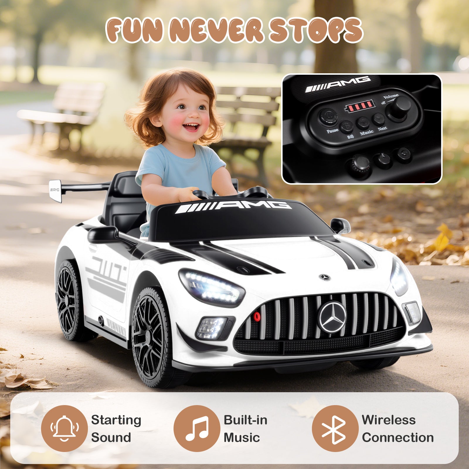Child playing with a toy car, with an inset of the control panel and text 'Fun Never Stops'.