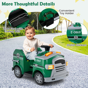 Child playing with a green toy truck on a road, with close-ups of features like a safety belt and stickers.