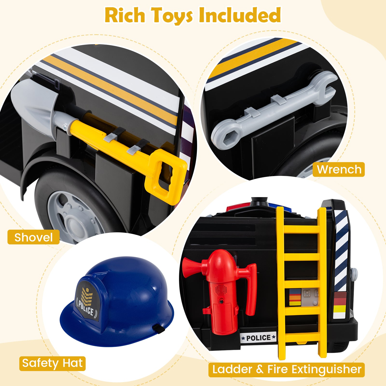 Toy set with tools and safety gear on a beige background