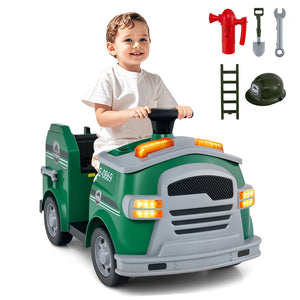 Child playing with a toy fire truck and accessories on a white background