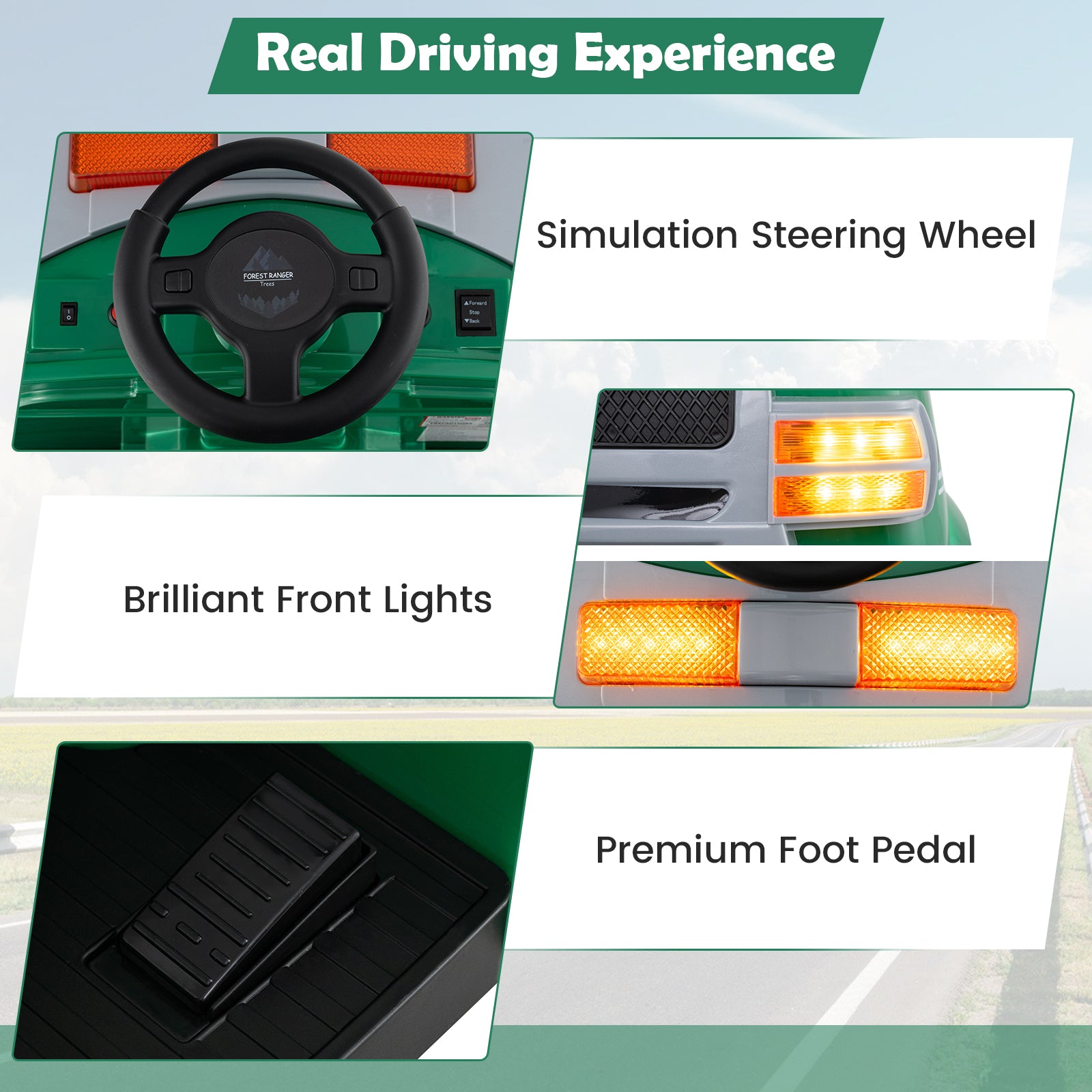 Simulation steering wheel, front lights, and foot pedal with text labels on a green background.