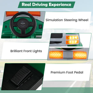 Simulation steering wheel, front lights, and foot pedal with text labels on a green background.