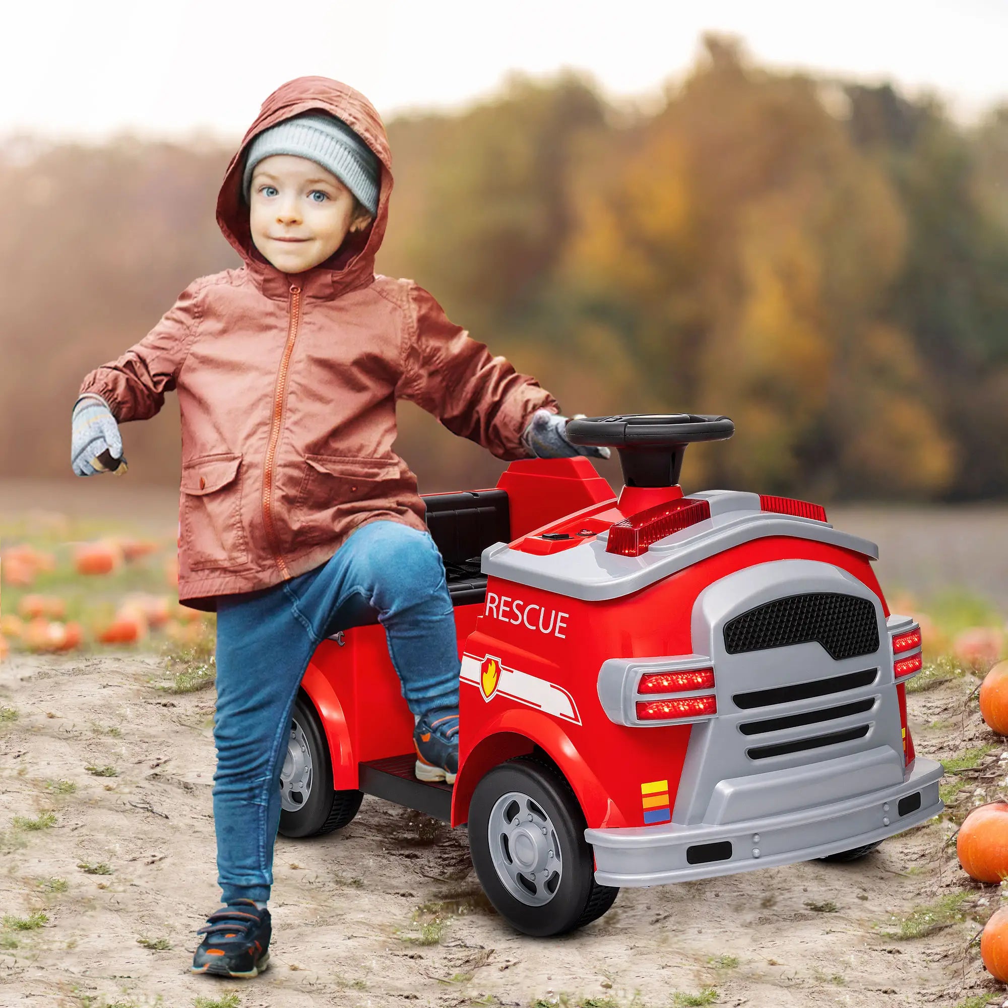 Battery-powered kids fire truck with rechargeable 12V battery and charger